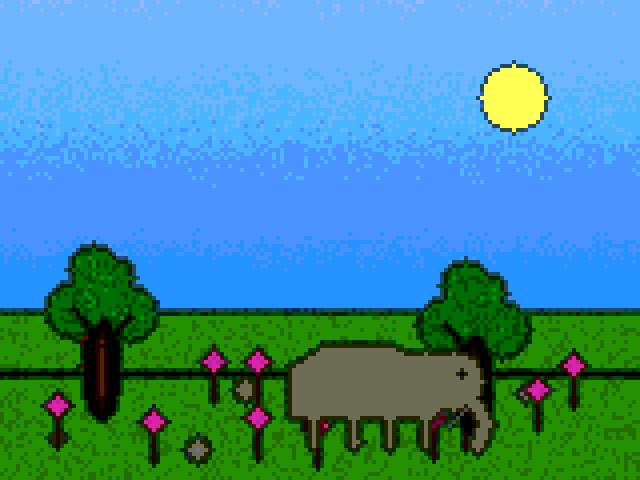 Generated scene: an elephant in a field near trees