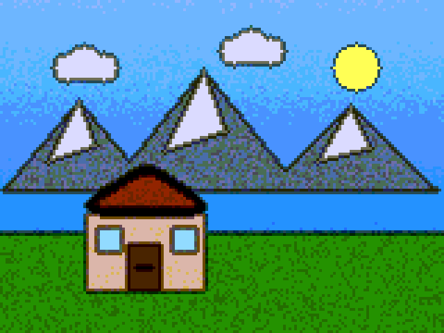 Generated scene: a house in front of mountains with clouds